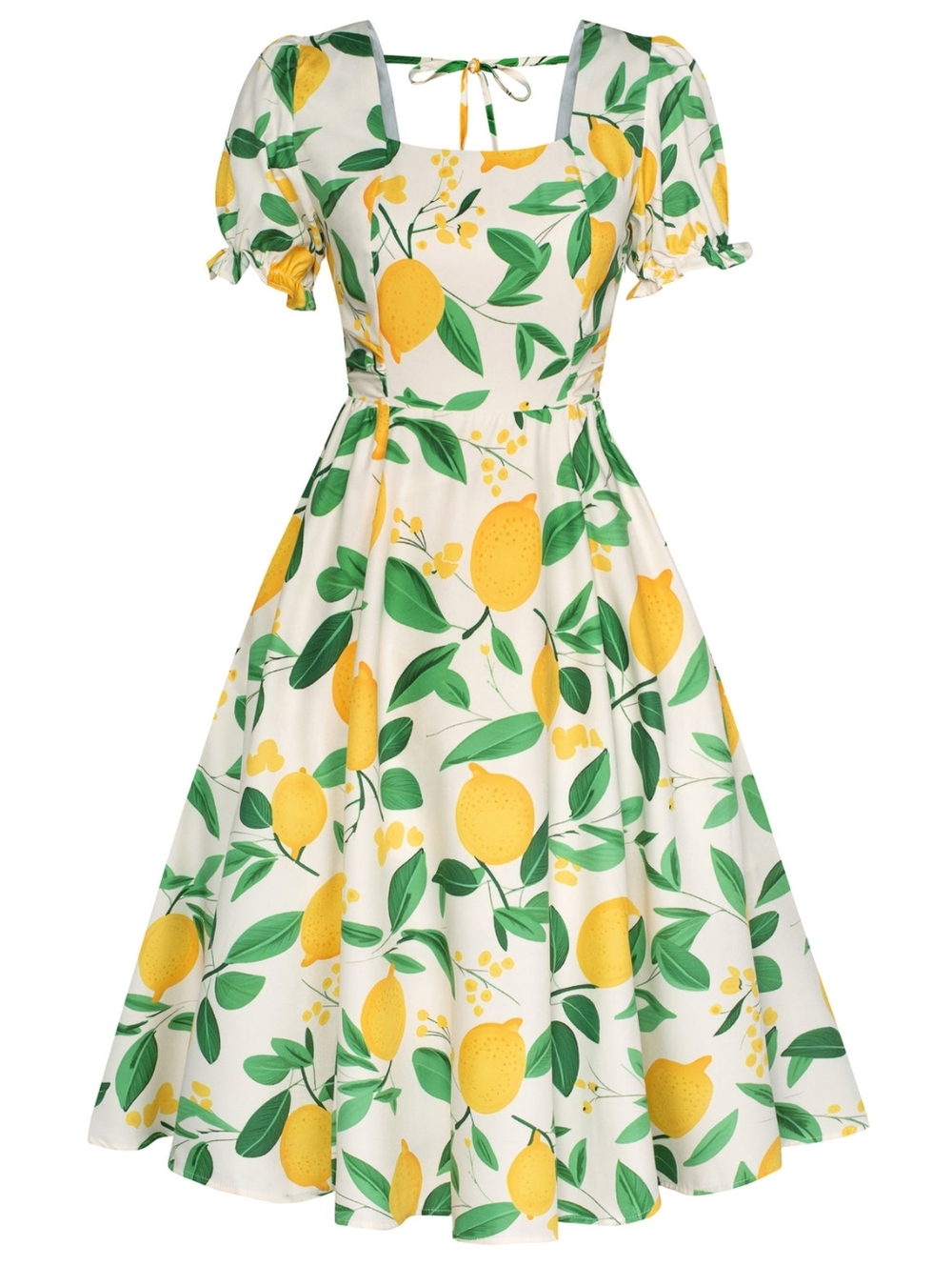 1950s Cottagecore Cocktail Dresses Square Neck Puff Sleeve Dress Lemon Print